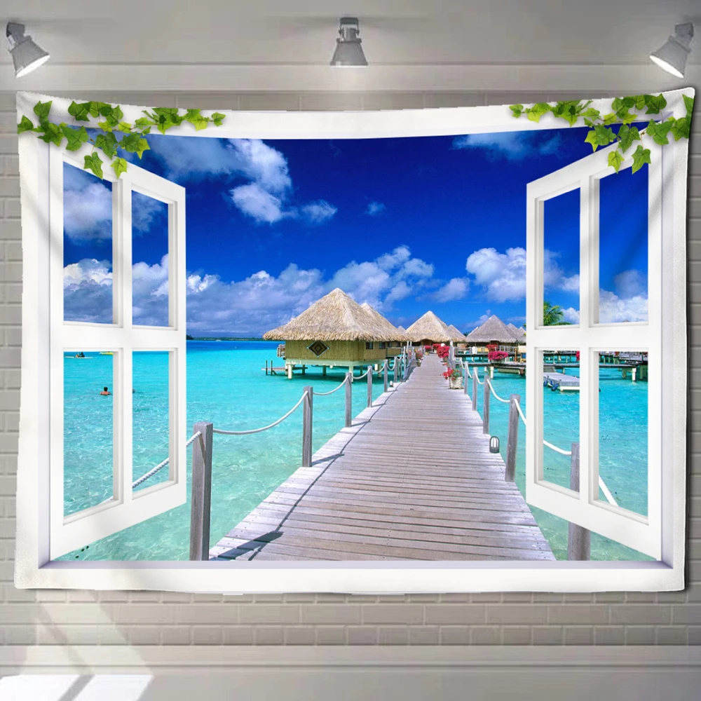 Beach Landscape Window Painting Tapestry Wall Hanging Hippie Tapiz Psychedelic Art Background Home Decor