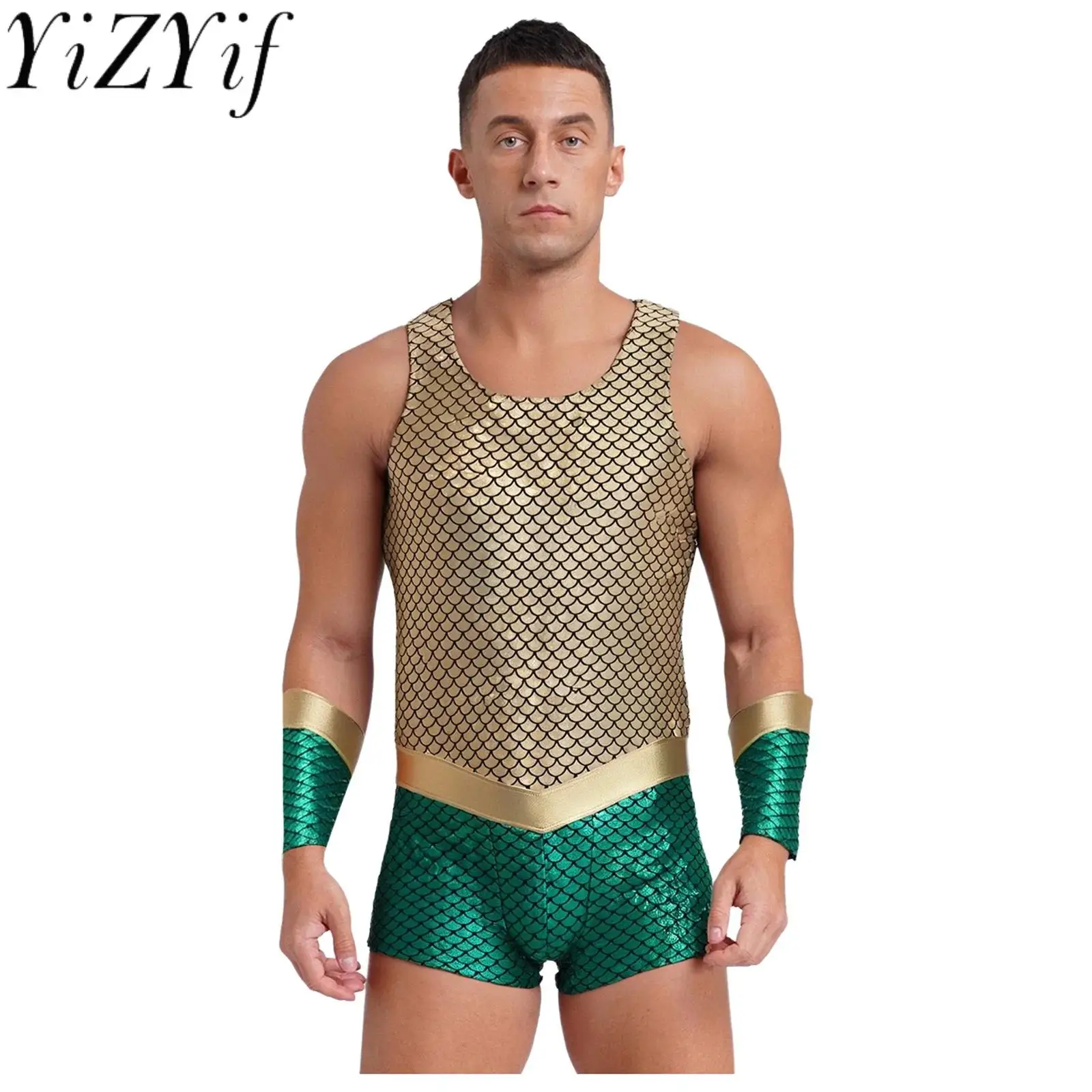 

Men Sea King Sea God Poseidon Cosplay Performance Costume Sleeveless Fish Scales Print Merman Role Play Costume with Arm Sleeves