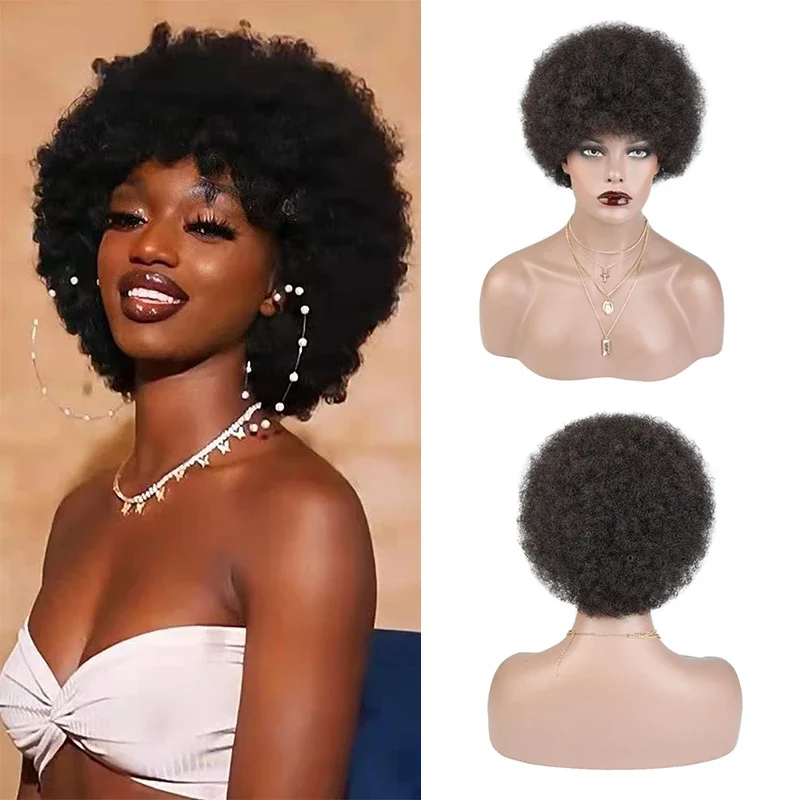 Afro Kinky Curly Wig with Bangs Human Hair Wigs Without Glue Pixie Cut Brazilian Short Fluffy Hair Wigs for Black Women