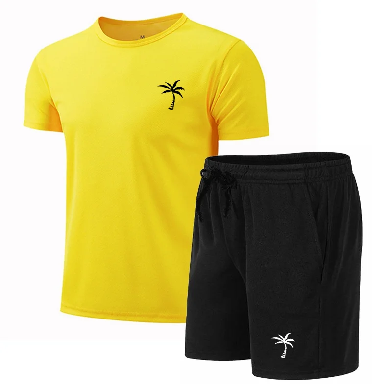 

Men's Summer Leisure Fashion Sports Fitness Outdoor Coconut Tree Theme Printed Round Neck Short Sleeve T-shirt Set
