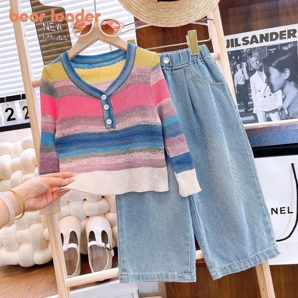 

Bear Leader Girl Autumn Outfit Korean Version Children's Clothing 2025 Rainbow Knit Sweater + Straight Leg Jeans Two-piece Set