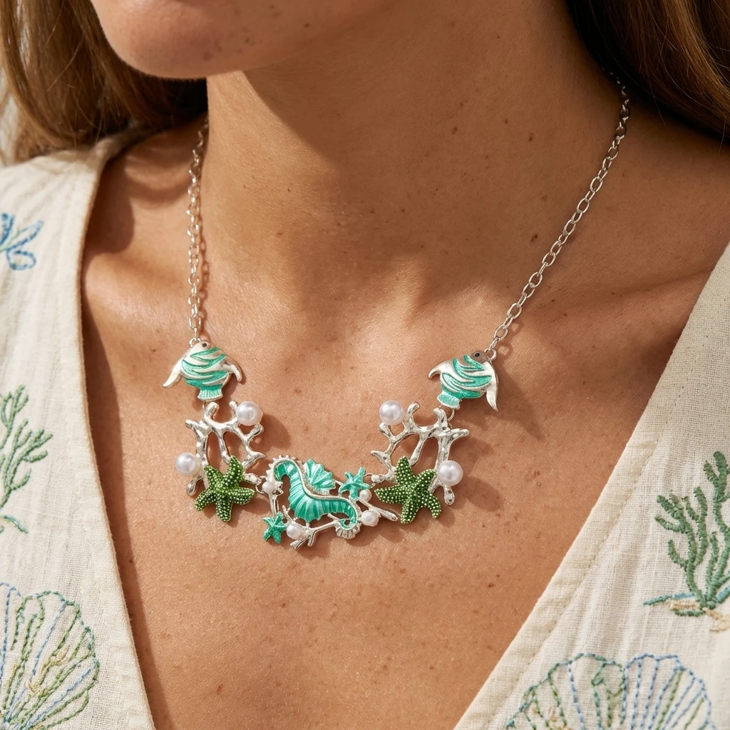 Einzigartiges Design Sternmuschel-Korallen-Kettenhalskette für Frauen Luxuriöse Imitationsperlen-Seestern-Halsketten Ästhetischer Partyschmuck – Detail 3