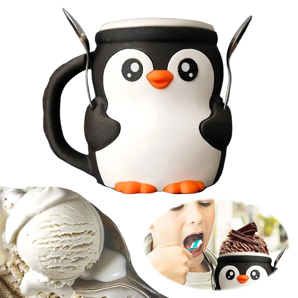 

3D Printed Penguin Cute Ice Pint Holder with Spoon Holder Reusable Popsicle Holders Beer Can Holder for Yogurt & Frozen Desserts