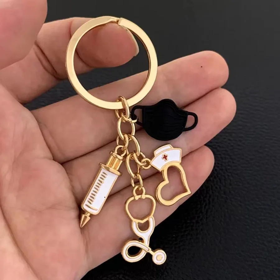 Nouveau seringue stéthoscope masque infirmière casquette porte-clés pour hommes femmes sac voiture pendentif alliage outils médicaux porte-clés cadeau de fête du médecin