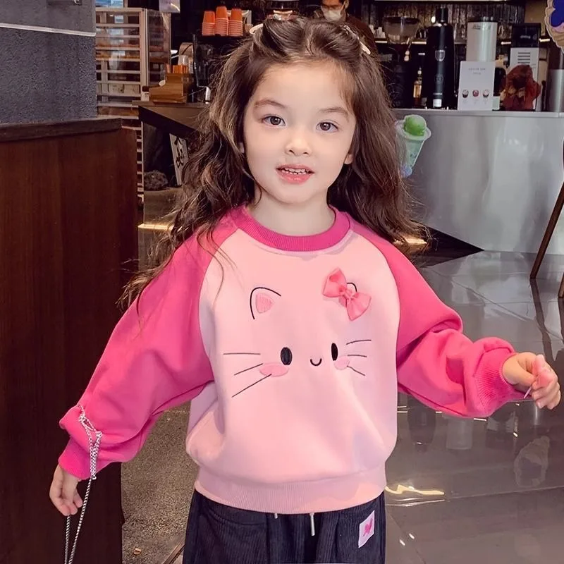 

2025 New Girls' Mid-Big Size Fleece-Lined Cartoon Crewneck Sweatshirt Autumn/Winter Warm Stylish Viral Base Layer Top