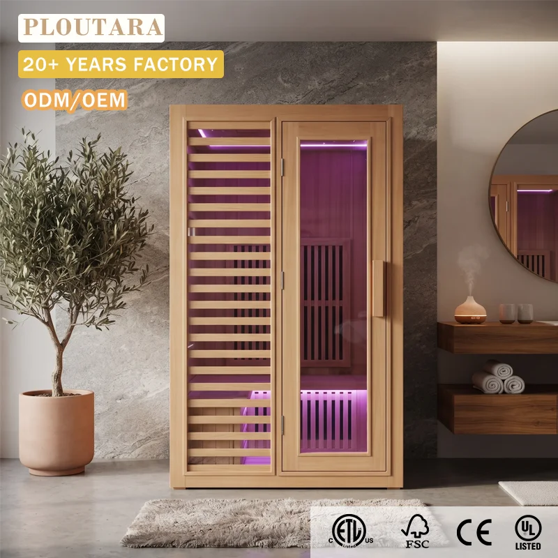 PLOUTARA Modern Indoor Gym Sauna Cabin Carbon Crystal Infrared Heating Panels Ventilated Slatted Door Ambient LED Lighting For