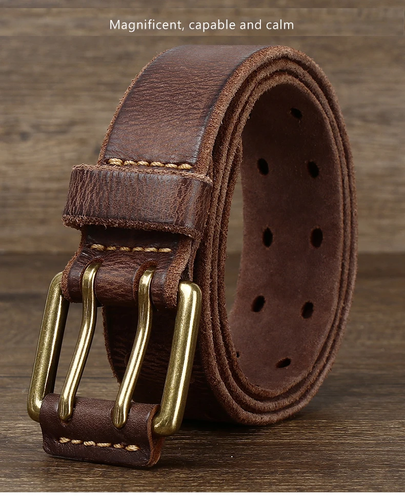 Belt For Men Leather Work Heavy Duty Double Buckles Dlawed Genuine Leather 3.8cm Male Copper Buckle Retro Brown Men's Belt