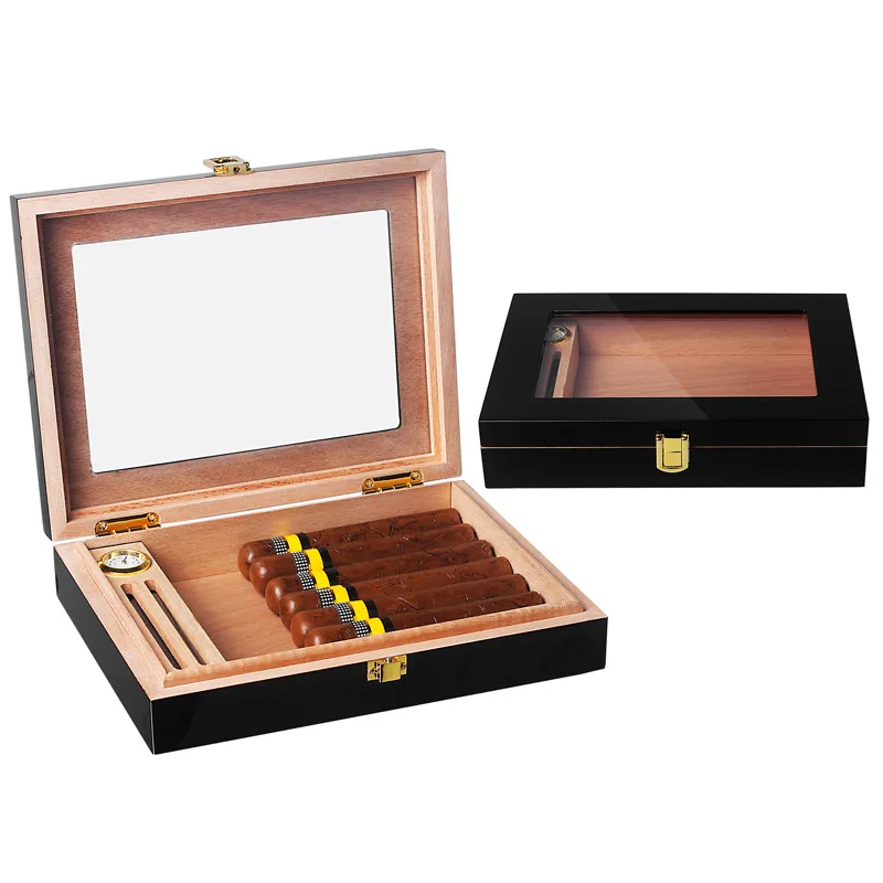 Portable Cedar Wood Cigar Humidor Case, Transparency, Sunroof Cigar Holder, Thermometers, Humectant, Outdoors Case