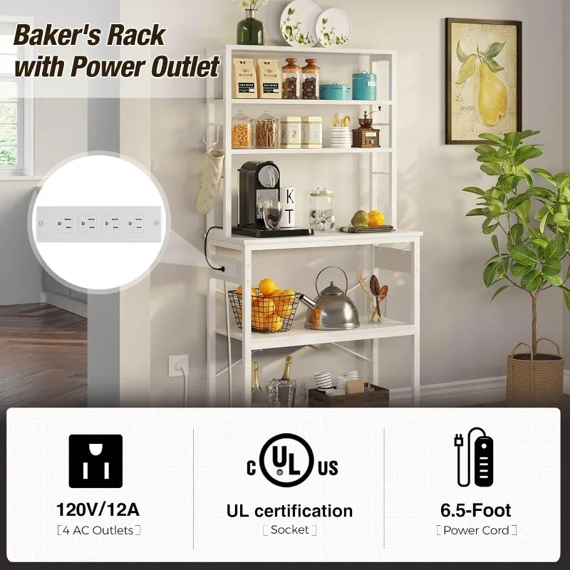 Imagem -05 - Bakers Rack com Power Outlet Suporte para Microondas Mesa de Café Estável 6-tier Cozinha Prateleira de Armazenamento 4ac 67 in 10 Ganchos