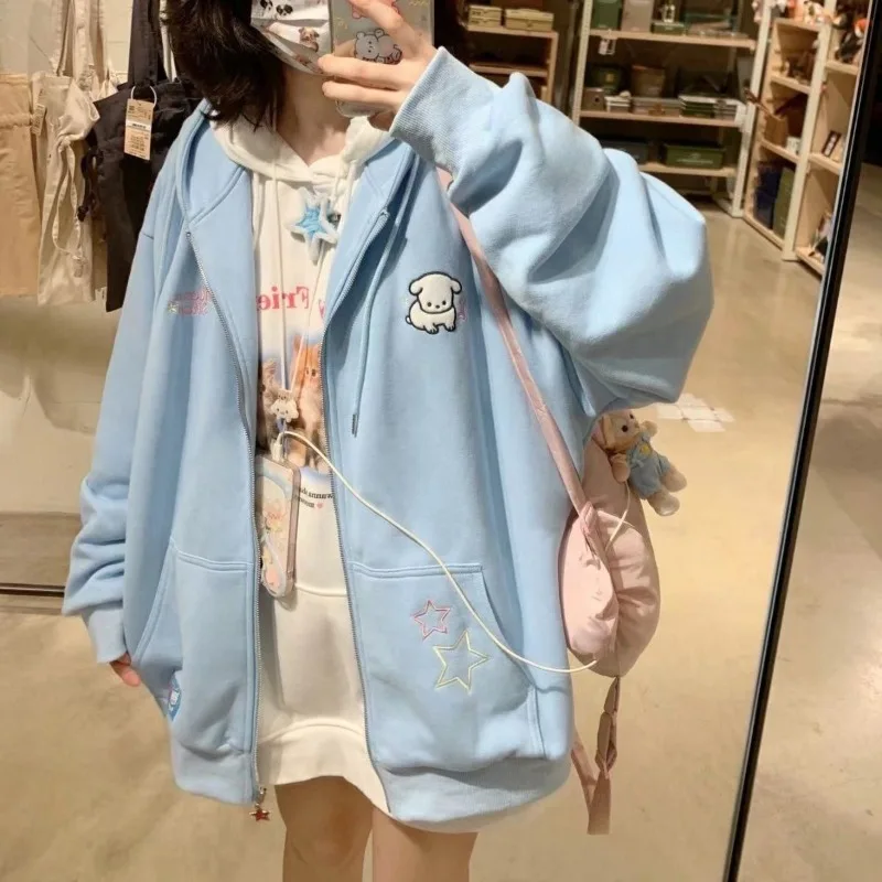 Hoodies Women Cartoon Pattern Japanese Style Kawaii Zip Up Lovely Embroidery Zippers Plus Velvet Thicker Sweet Girls Students