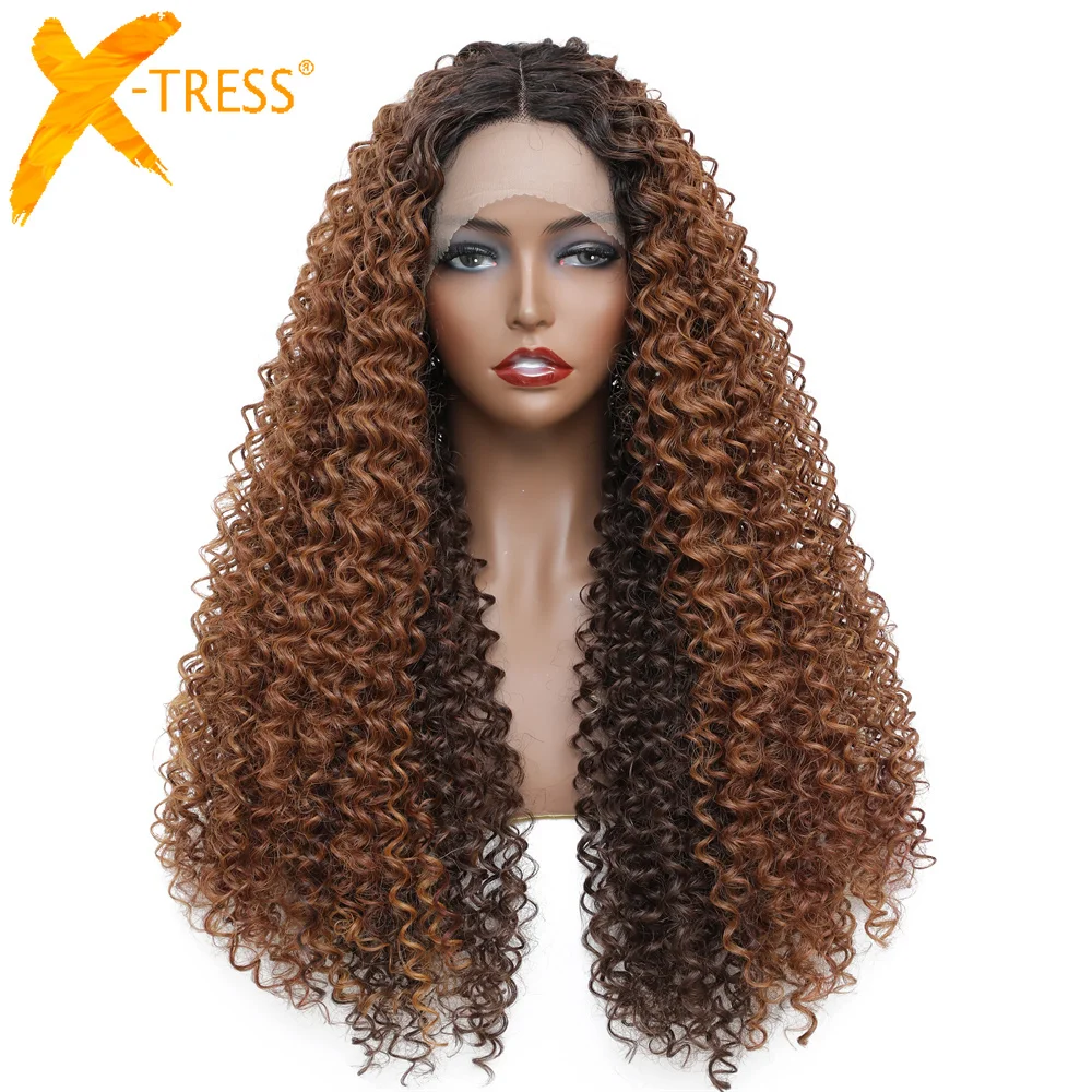 

Ombre Brown Synthetic Lace Front Wig For Black Women Kinky Curly Long Middle Part Hair Wigs X-TRESS Natural Daily Use Hairstyle