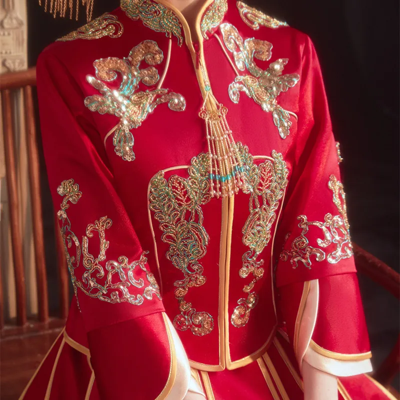 

Modern Oriental Cheongsam Couple Red Satin Dragon Phoenix Embroidery Qipao Chinese Traditional Wedding Dress