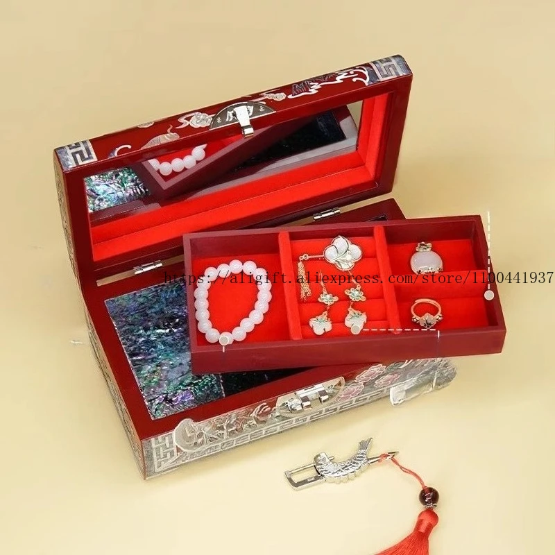 Handmade Mother-of-Pearl Lacquer Jewelry Box Wedding Engagement Gift Jewelry Chinese Traditional Craft Storage Case