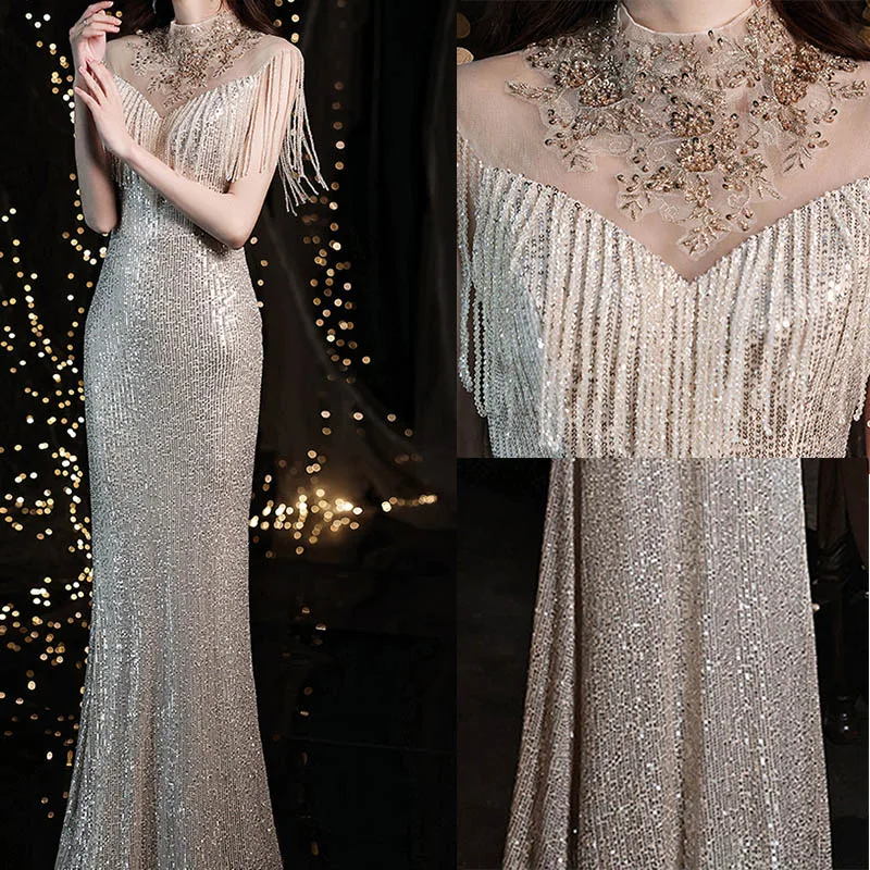 

Women Sequins Mermaid Dress New Bride Wedding Gown Sequins Qipao Sexy Floor Length Cheongsam Prom Dress Vestidos De Festa
