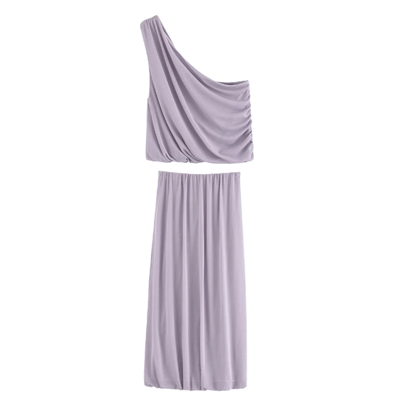 

Chic Ruched Asymmetric Mesh Skirt For Women High Waist Tulle Midi Skirts 2025 New Summer Fashion Solid Strethy Waist Long Skirts