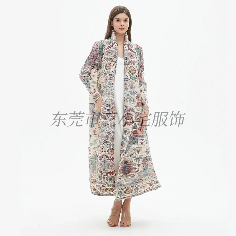 

KAF Pleated Women Large Size Long Abaya 2025 Spring Autumn New Vintage Printed Cardigan Design Arab Luxury Abaya