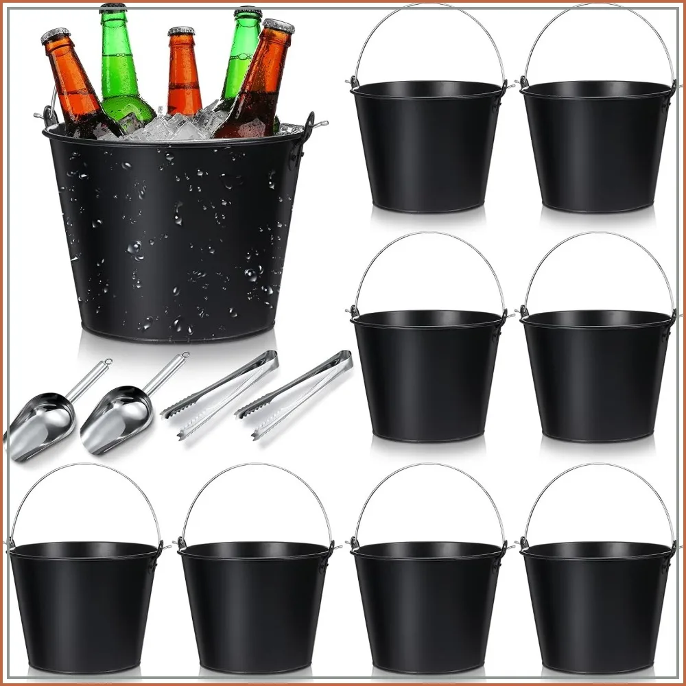 

12 Pack Metal Beer Buckets with Ice Shovels and Tongs Stainless Steel Ice Bucket with Handle for Summer Pool Wedding Party Supplies