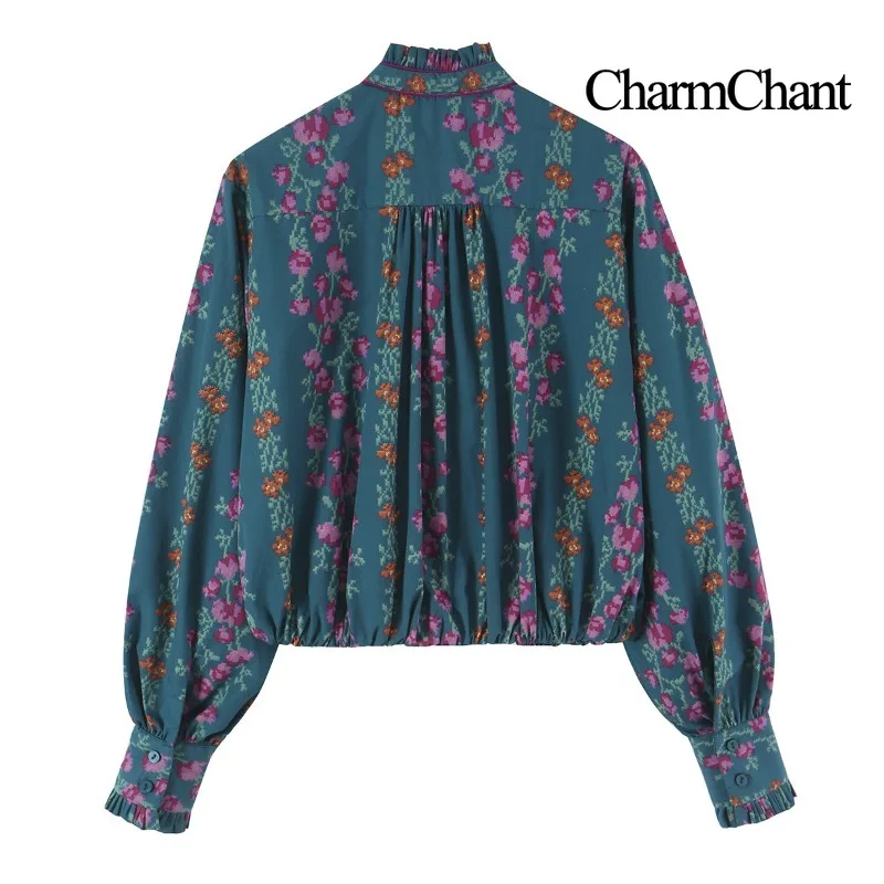 CHARMCHANT Women's Teal Floral Blouse Ruffled Stand Collar Self-tie Bow Gathered Front Balloon Sleeve Cuffed Hem 2026