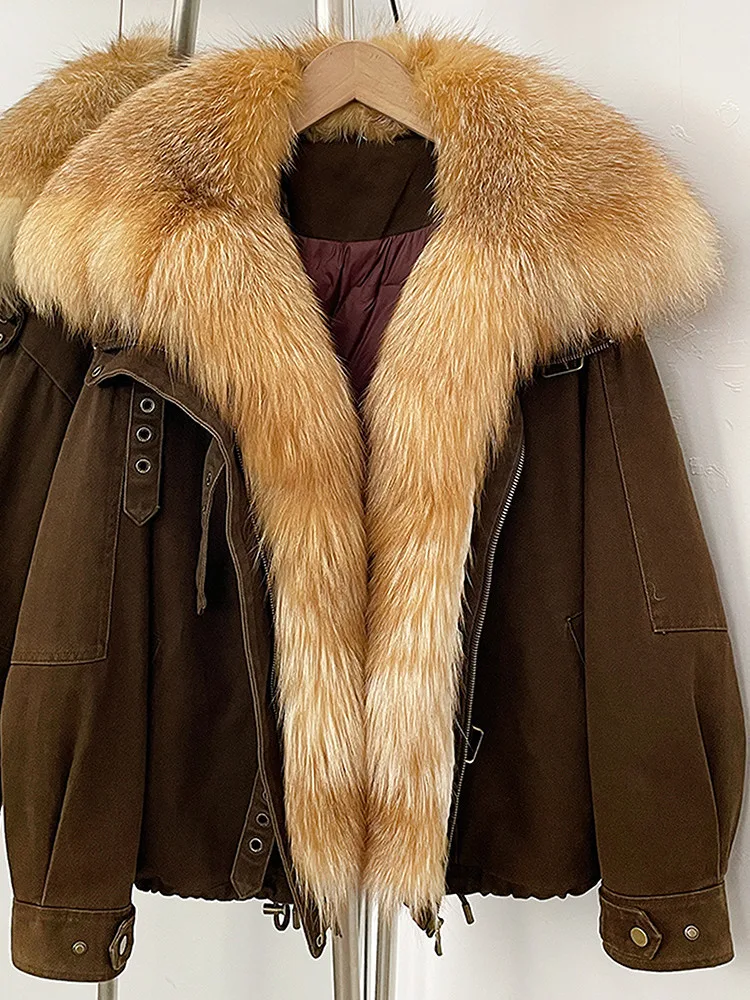 ZMEENNA Womens Short Brown Jacket With Huge Fur Collar Trim Luxurious Warm Winter Coat Loose Fit Casual Outerwear ZM4378