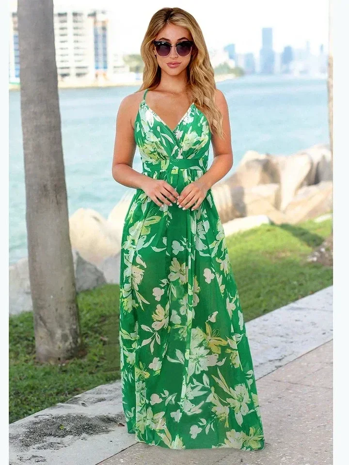 

2025 Spring Summer Bohemian Floral Dress Strappy V Neck Sleeveless Dresses Elegant Loose Size Maxi Beach Vacation Party Dress