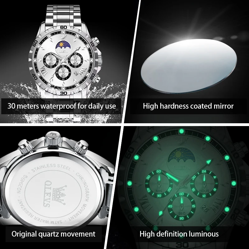 OLEVS 2949 Original Man Quartz Wristwatch Business Luminous Date Chronograph Moon Phase Luxury Classic Watches for Man view 4