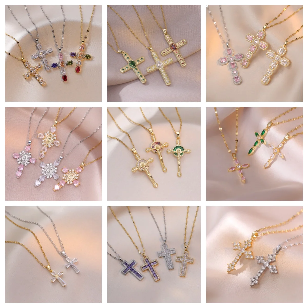 Stainless Steel Sparking Women Cross Necklaces, Gold Color Metal Cross Pendant, Bling CZ Stones Christ Religious Prayer Collar