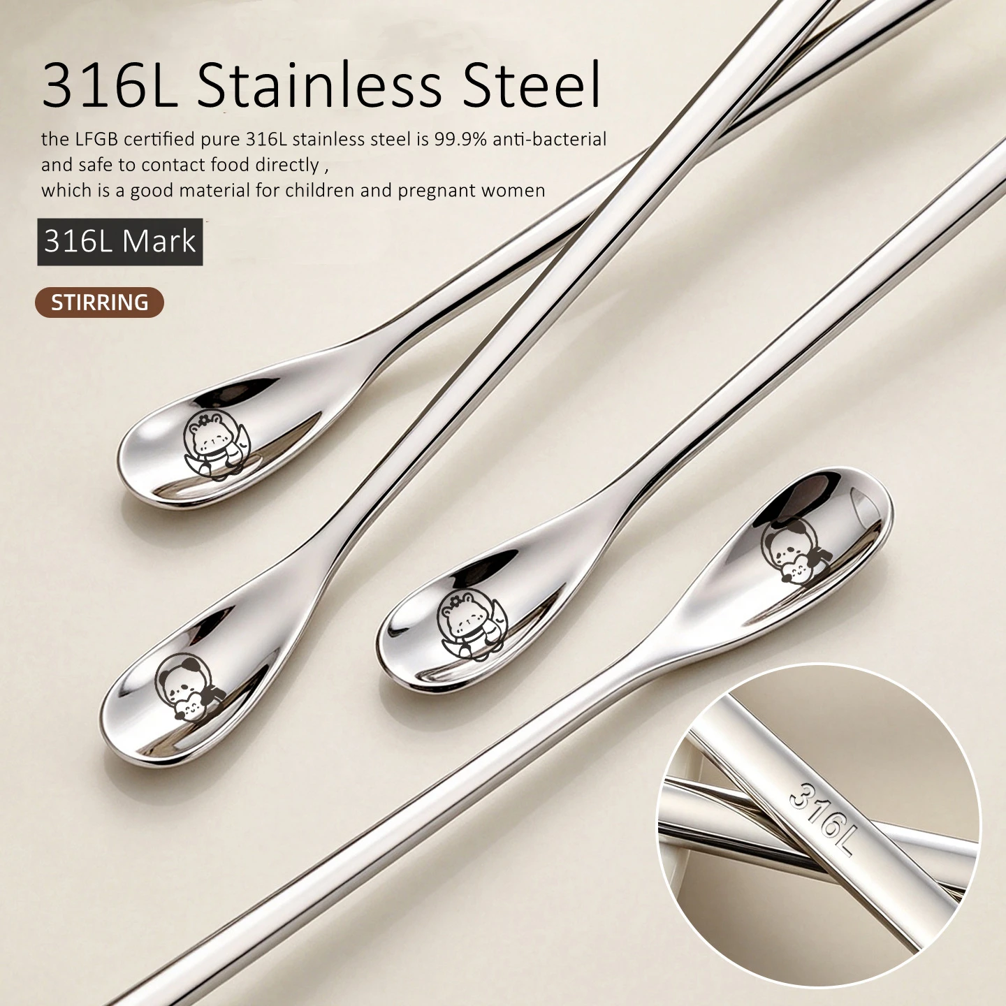 LFGB Certified Pure 316L Stainless Steel Kitchen Beverage Stirrer 1.5cm Width Head Ultra Long Handle Bar Spoon for Cocktail
