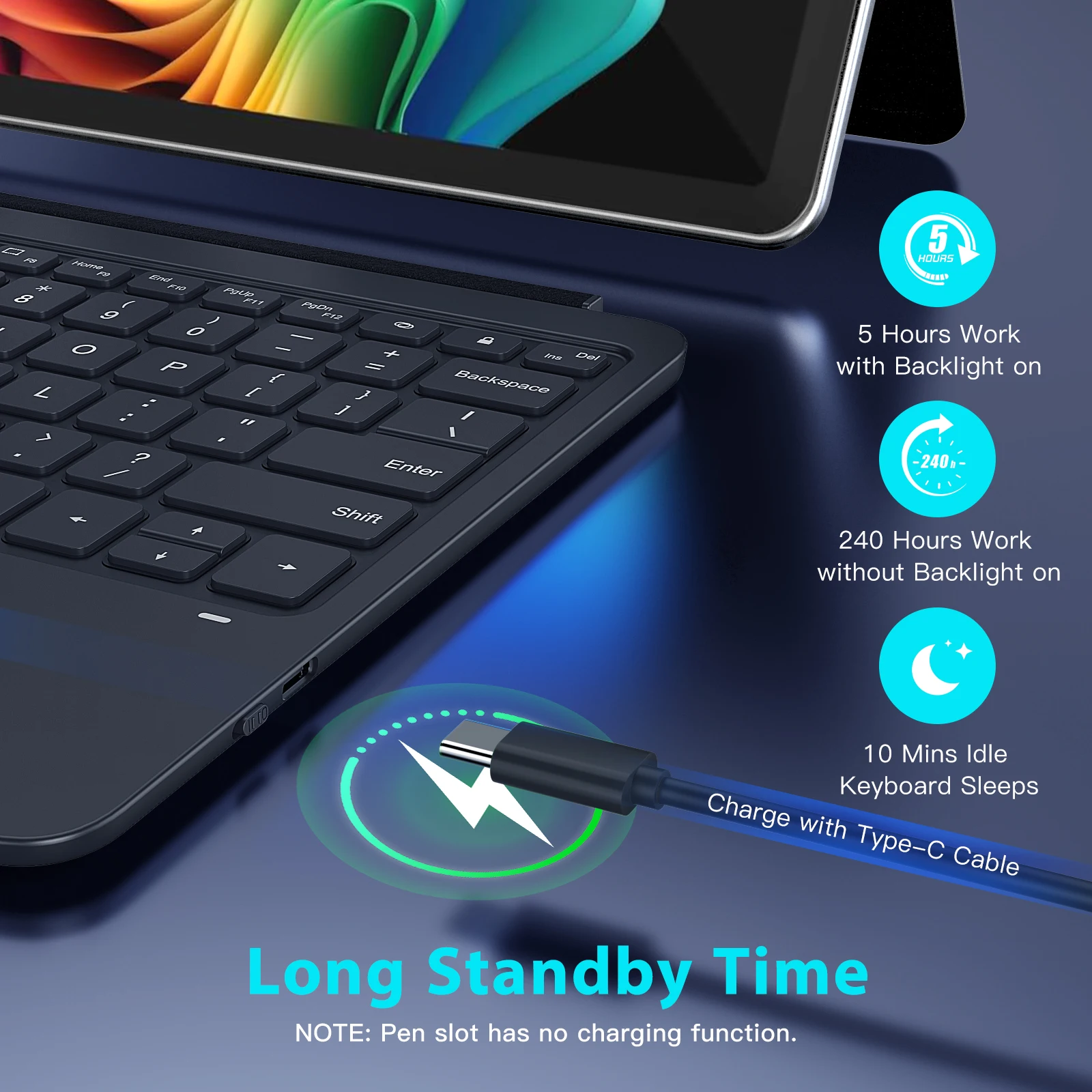 MoKo Touchpad-Tastatur für Microsoft Surface Pro 12 Zoll 2025 Tablet, ultraschlankes kabelloses Bluetooth 7-Farben-Hintergrundbeleuchtung Surface Pro