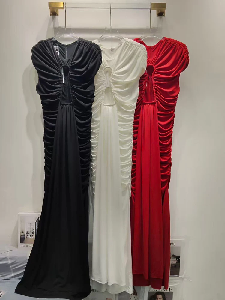 En el otoño de 2022, ropa de mujer: vestido plisado recortado retro de color sólido, vestido de noche sexy, vestido irregular ajustado elástico