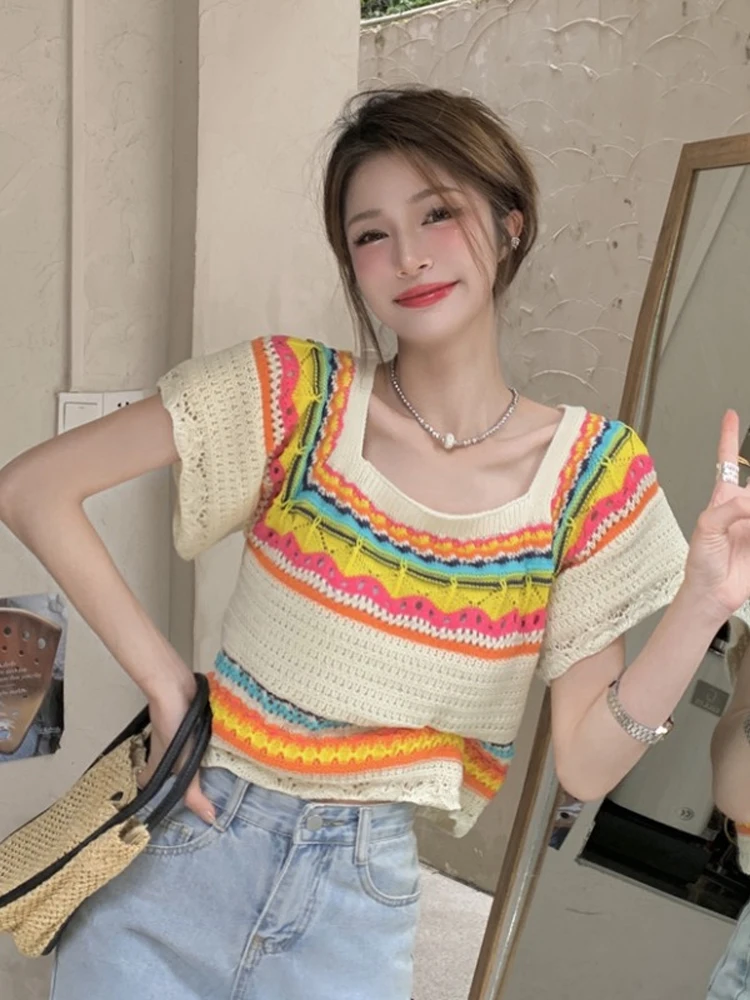 Knitted Rainbow Striped T-shirts for Women 2023 Summer Harajuku Colorful Top Mujer Korean Style Girlish College New Arrival