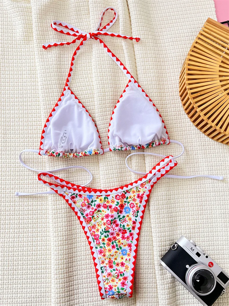 Para Praia-Conjunto de Bikini con estampado de flores Para mujer, traje de baño de corte alto con tirantes, bañador Floral, 2024