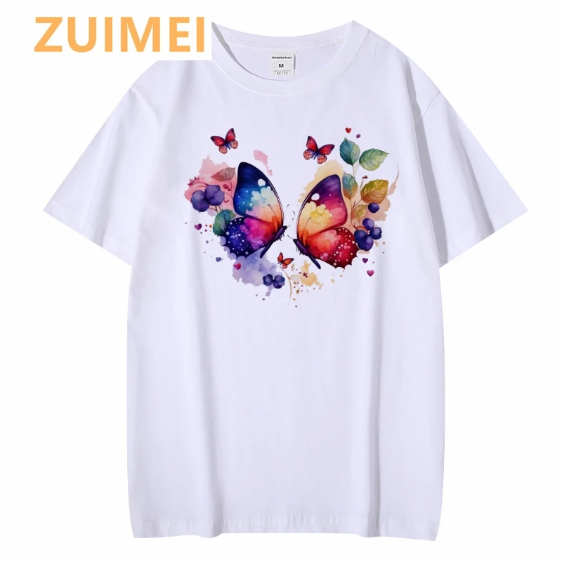 Aquarell Schmetterlinge Fahrrad Blumen druck grundlegende O-Kragen kurz ärmel ige Harajuku Top T-Shirt lässig Damen Frauen T-Shirt Mädchen