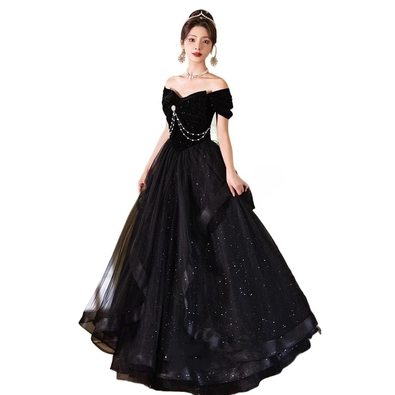 فستان سهرة أسود عصري للولائم 2026 جديد للربيع والصيف فستان طويل أنيق للمضيف امتحان فني فستان عالي الجودة للبالغين