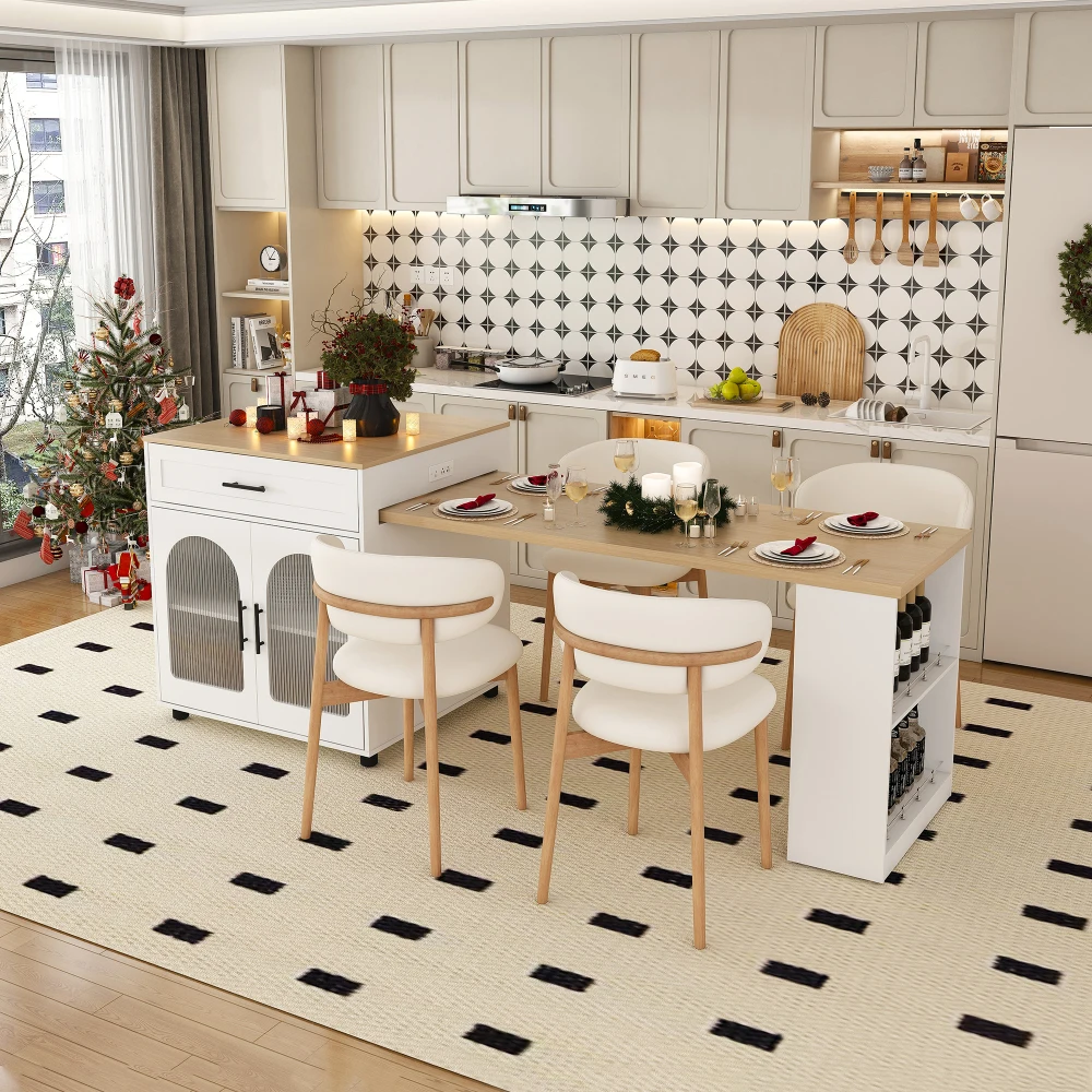 

80-inch Expandable Kitchen Island with Dining Table, Solid Wood Grain Countertop with Power Outlet, Mobile Storage Cart with