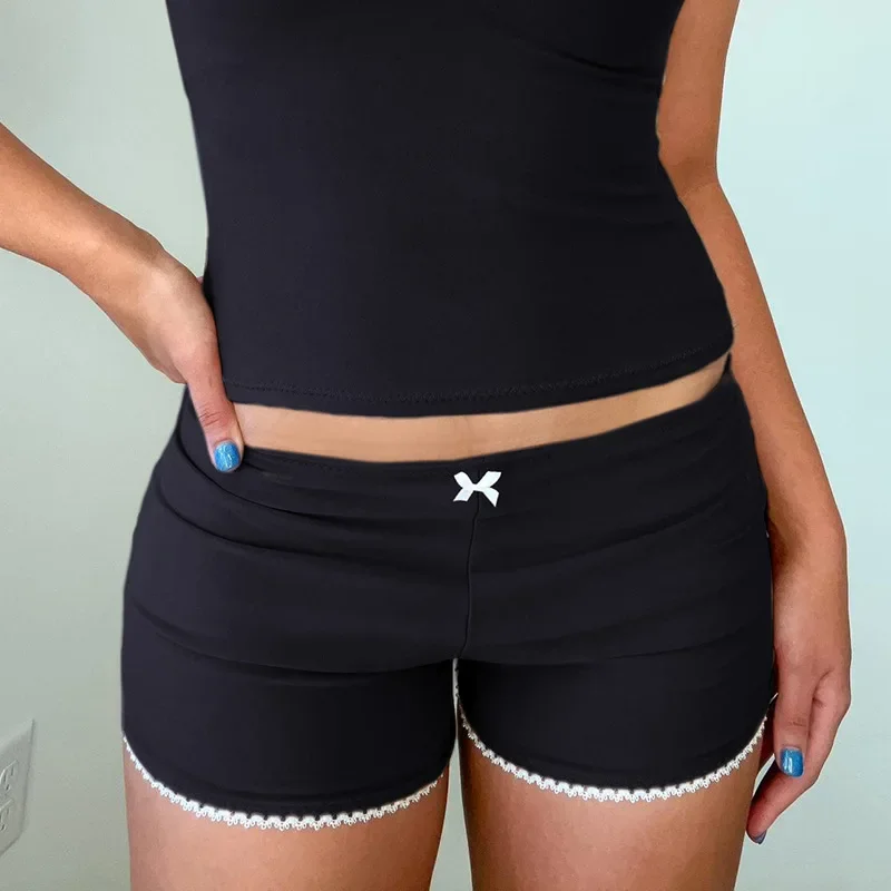 Bow Basic Lace Shorts Low waisted Y2K Streetwear Slim Shorts Women Mid Rise Versatile Slim Sports Casual Short Pants Hottie
