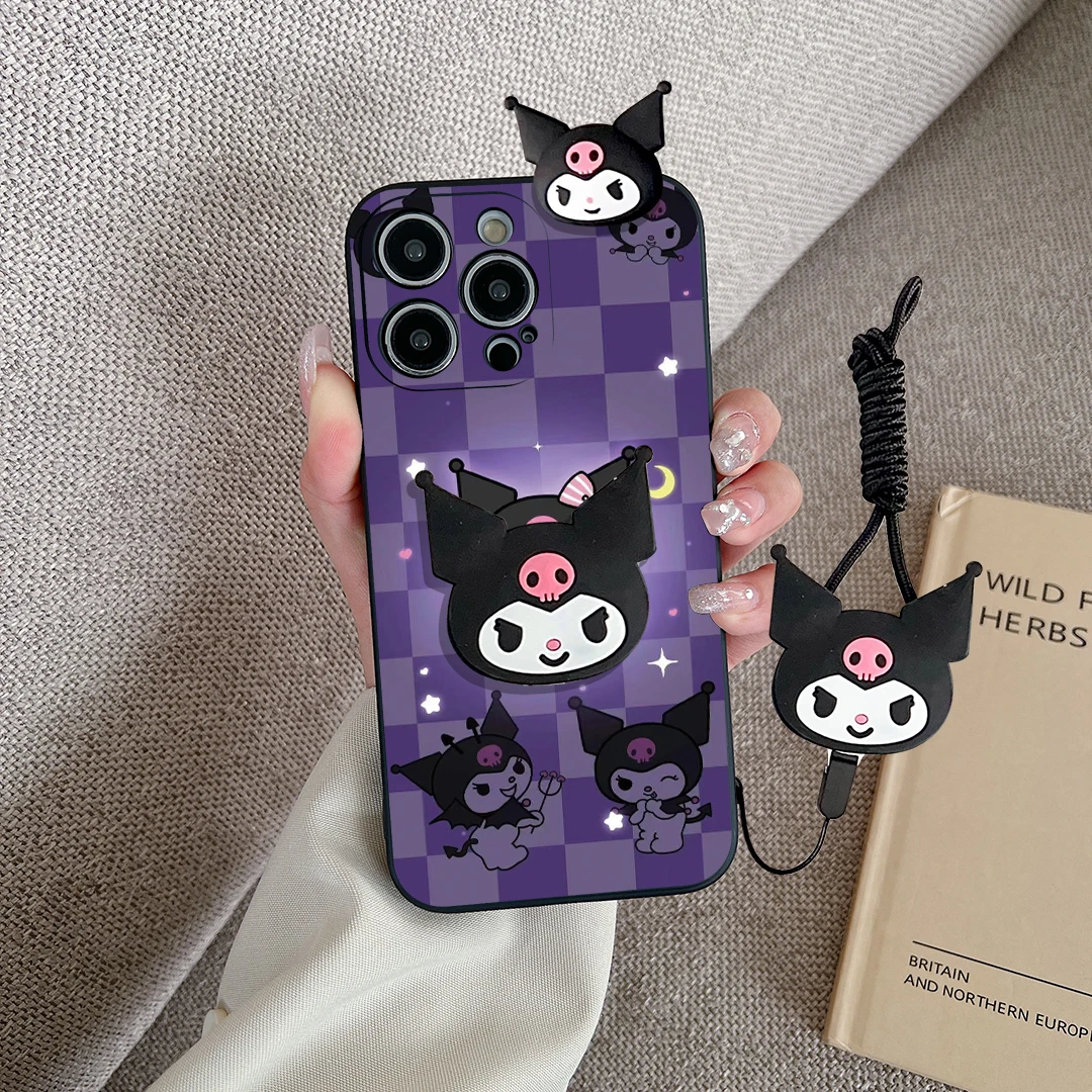 Custodia per telefono Kuromi 3D Cartoon per Huawei Mate 10 Lite 20 30 50e 60 Pro Plus con cordino di supporto Cover morbida in silicone carino