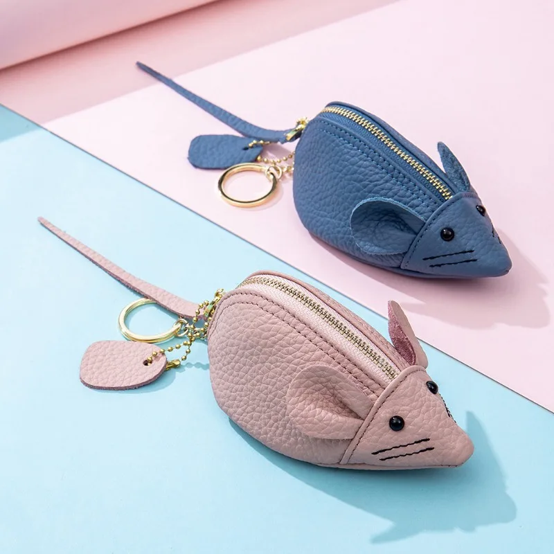 

Genuine Leather Cute Mouse Coin Purse for Women,3D Animal Design Mini Zipper Wallet with Keychain,Small Pouch for Coins, Earbuds