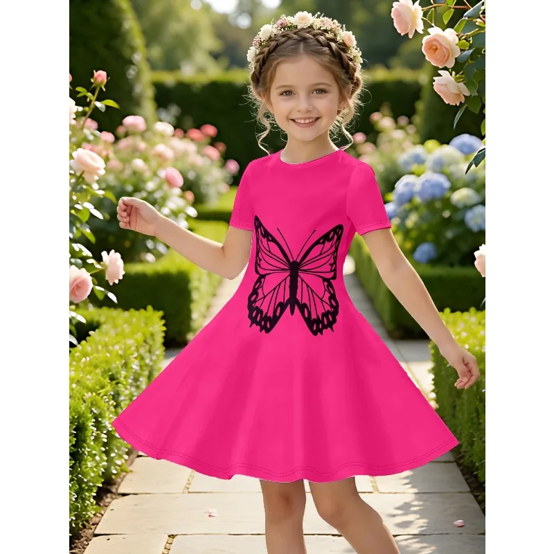 Girl's Hot Pink Butterfly Print Dress Short Sleeved Casual A-line Children's Swing Dress Suitable for Birthdays and Parties
