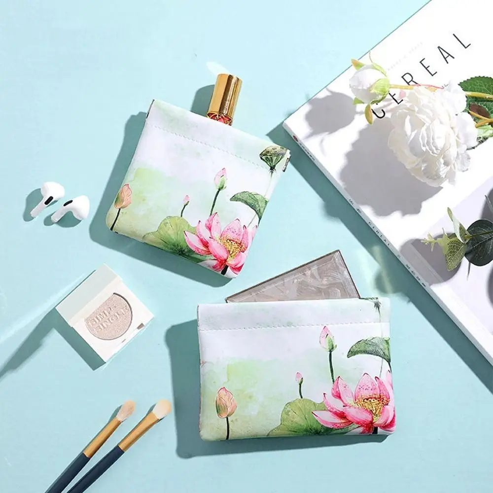 Bolsa para gafas con cierre automático, bolsa de almacenamiento de lápiz labial de cuero PU, bolsa para gafas de sol Lotus, mini bolsa de cosméticos, bolsa para auriculares