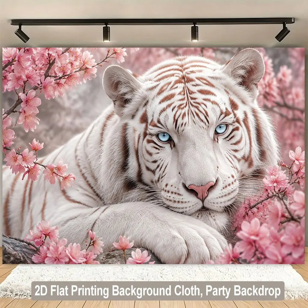 White Tiger Blue Eyes Pink Cherry Blossom Spring 2D Flat Tapestry Backdrop For Bedroom Decor Wildlife Wall Hanging Art Print