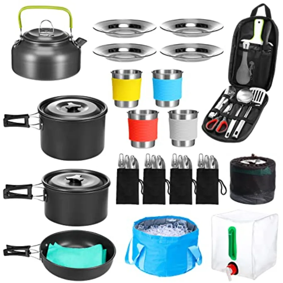 

Gejoy 42 Pcs Camping Cookware Mess Kit Non Stick Lightweight Pots Pan Kettle Collapsible Water Container and Bucket Stainless S