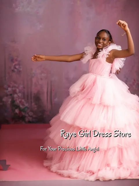 Flower Girl Dress For Wedding Birthday Photo Shoot A Line Floor Length Puffy Tiered Tulle Ruffle Shoulder Formal Gowns