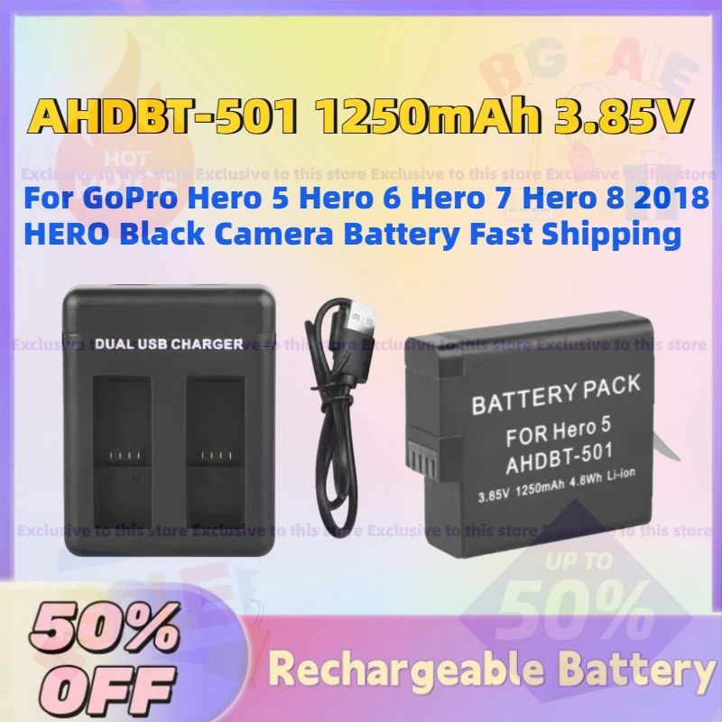 

New AHDBT-501 1250mAh 3.85V Digital Batteries for GoPro Hero5 Hero 6 Hero7 Hero 8 2018 HERO Black Camera Battery Fast Shipping