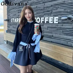 Japanese Style Dark Blue Short Knit Cardigan Jacket Women's Autumn Winter Elegant Fake Two-piece Shirt Splicing Top Sweet Coat