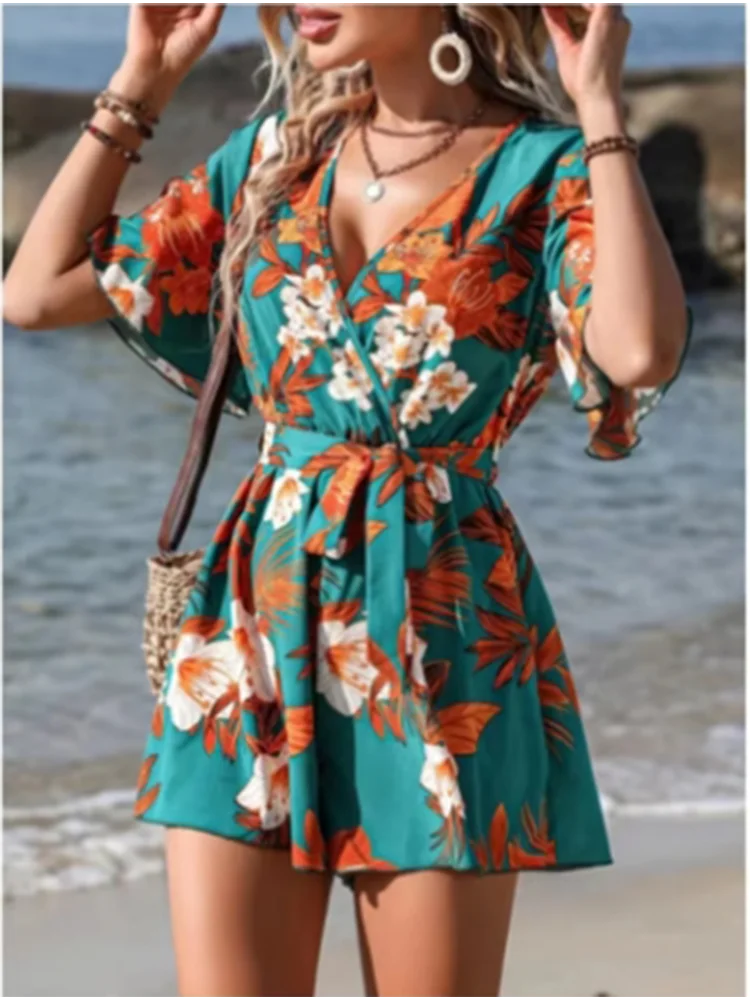 Mono estampado de manga corta con cuello en V para mujer, mono holgado de cintura alta para vacaciones en la playa, ropa cómoda de verano