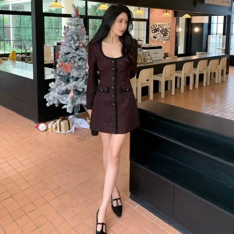 Luxury Designer 2025 Spring Long Full Sleeve Crystal Short Tweed Dress For Women\'s Beading Pearls Mini Party Vestidos Lady