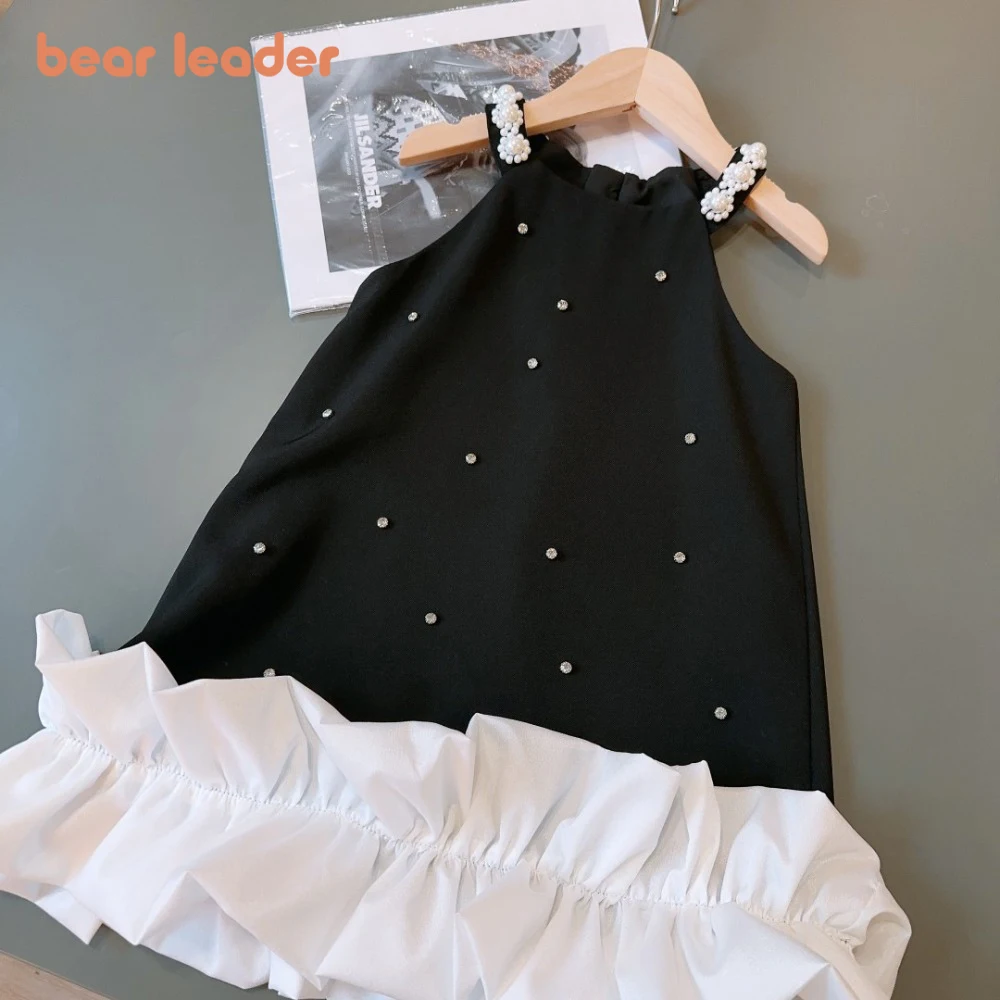 Bear Leader Black Suspender Pearl Decorated Princess Dresses Summer Lace Patchwork Girls Dress Birthday Party Kids Clothes