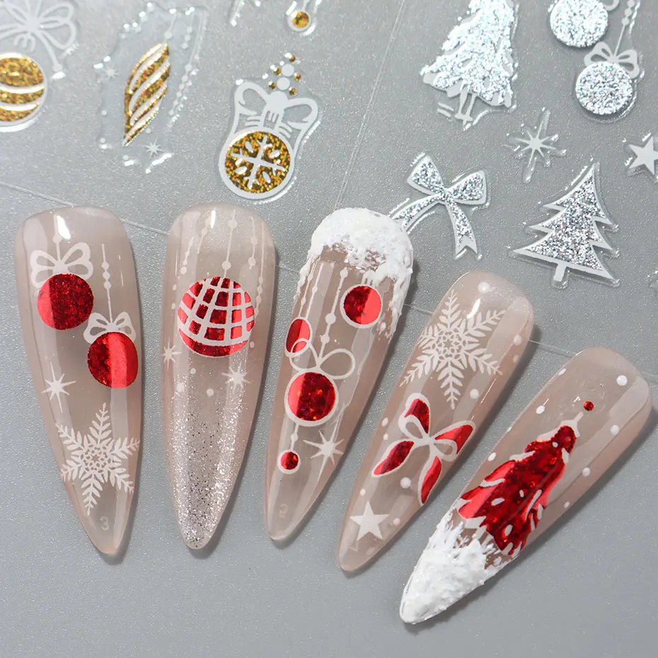 3 szt. Kawaii Świąteczne Brokatowe Naklejki na Paznokcie 3D Złote Czerwone Dzwoneczki Gwiazdy Płatki Śniegu Drzewka Naklejki Zimowy Festiwal Suwak Dekoracja