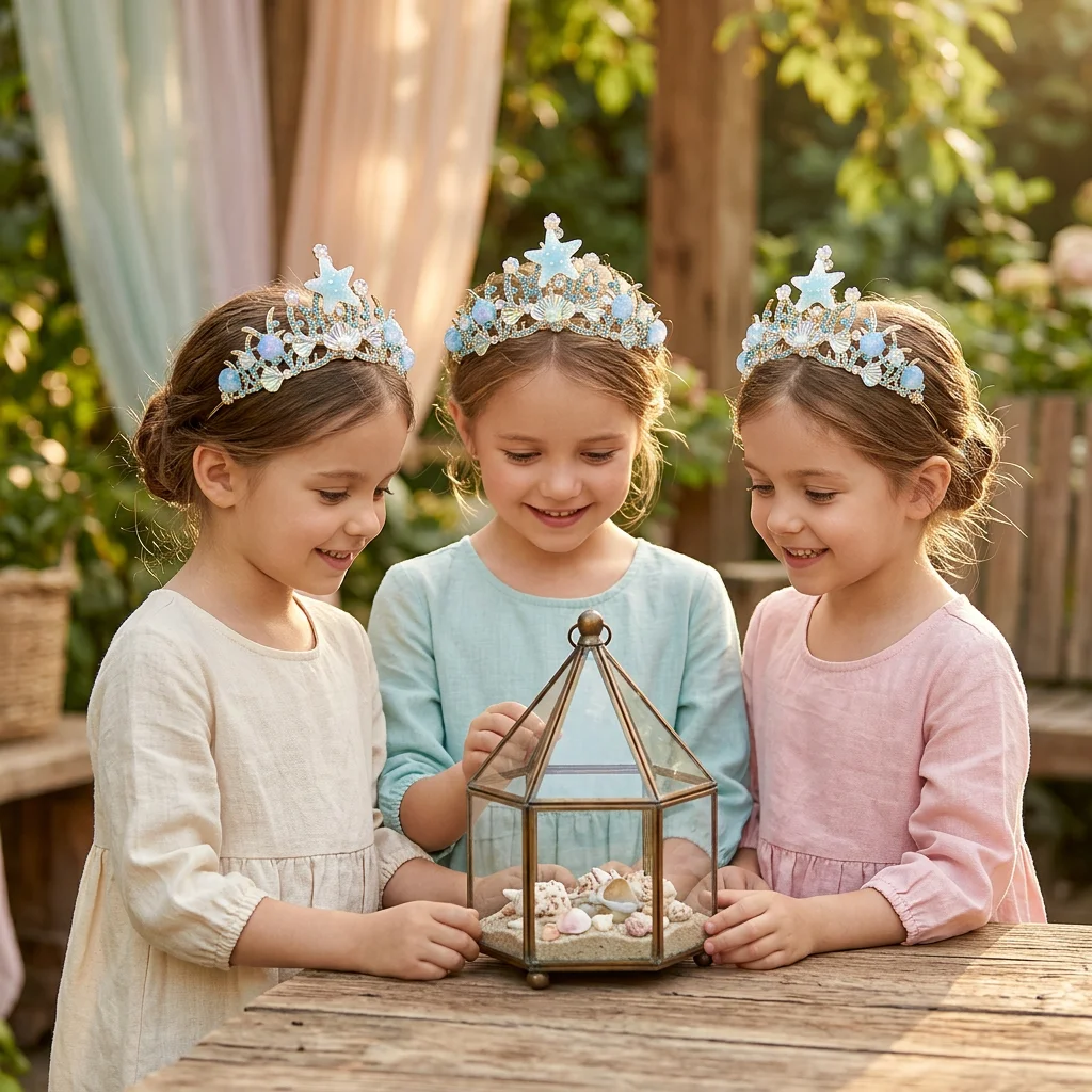 Sequin Princess Crown for Kids Birthday Party Ocean Theme Mermaid Tiara Set 3pcs Lightweight Costume Role Play Accessories