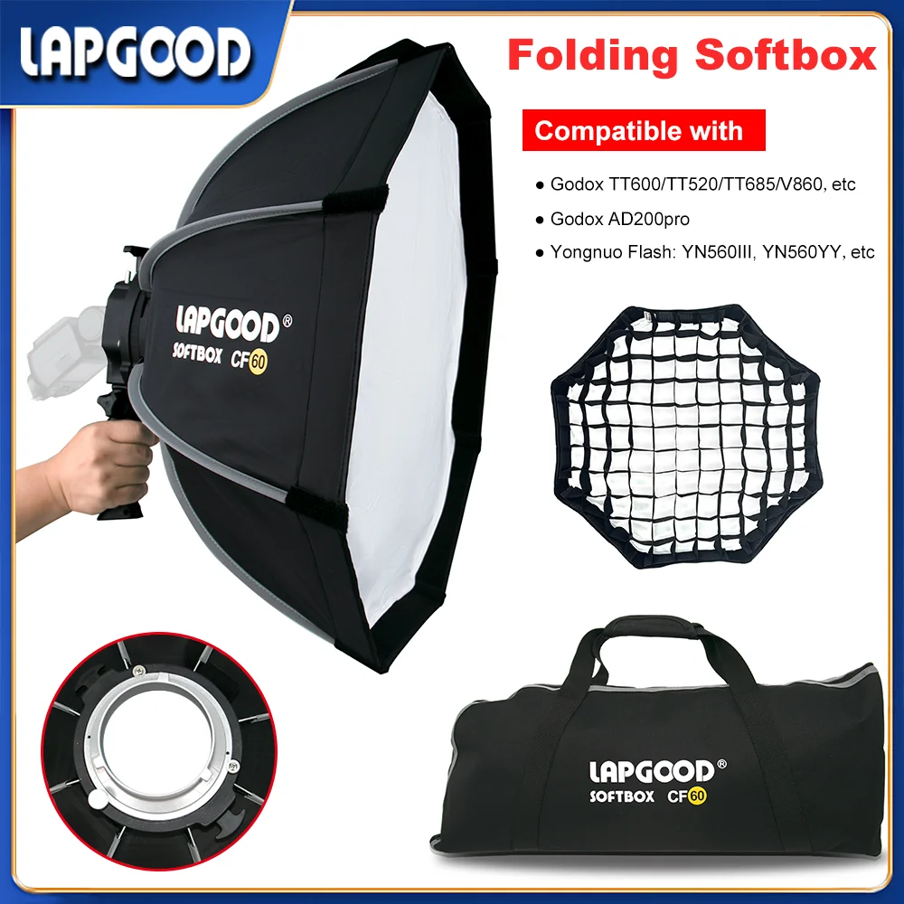 

Lapgood CF60 Speedlite Softbox Quickly Release Bowens Mount Octagon Umbrella Soft Box Outdoor Flash Softbox + Honeycomb Grid